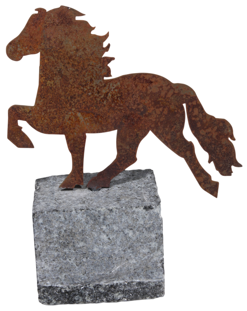 Decorative horse, rusted steel on granite rock.