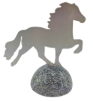 Decorative horse, stainless steel on polished granite stone